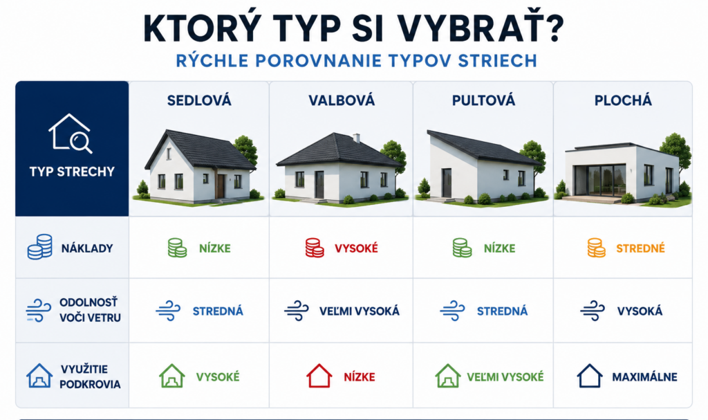 aký typ strechy si vybrať na rodinný dom- porovnanie typov striech - infografika dom snov