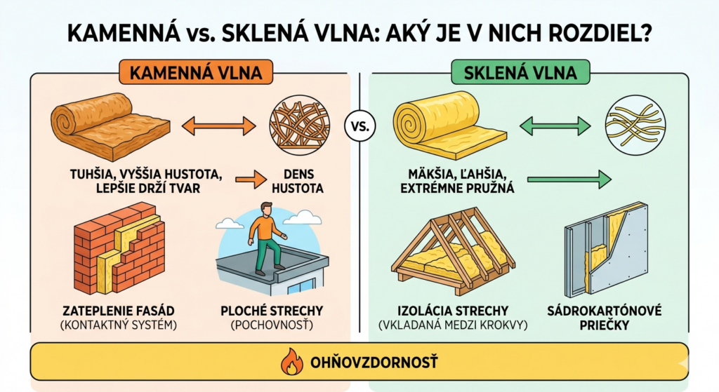 kamenna vs sklená vlna - porovnanie vlastností. Najlepšia izolácia infografika Dom Snov